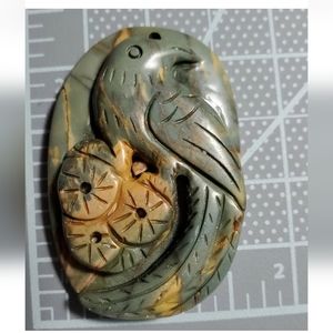 SoldHand Carved Stone Bird and Flowers Pendant Bead Natural Stone Picasso Jasper